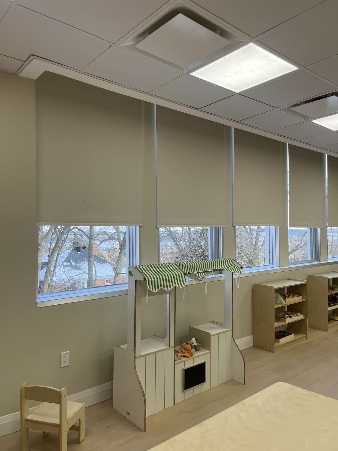 Daycare classroom motorized roller blind installation